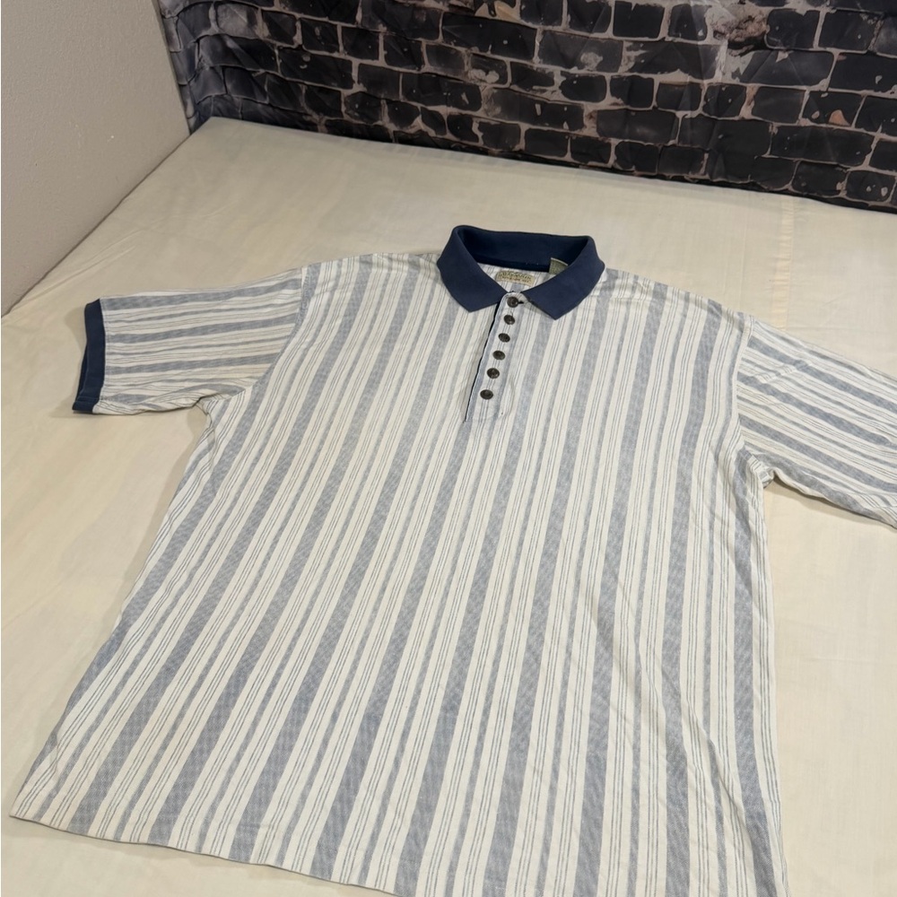 Vintage 90s St John’s Bay Polo Shirt Mens Large Blue White Stripe Cotton Classic